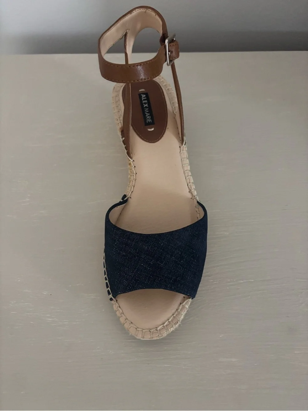 Women's Alex Marie SANDRA denim Blue Wedge Sandals with Tan Ankle Strap